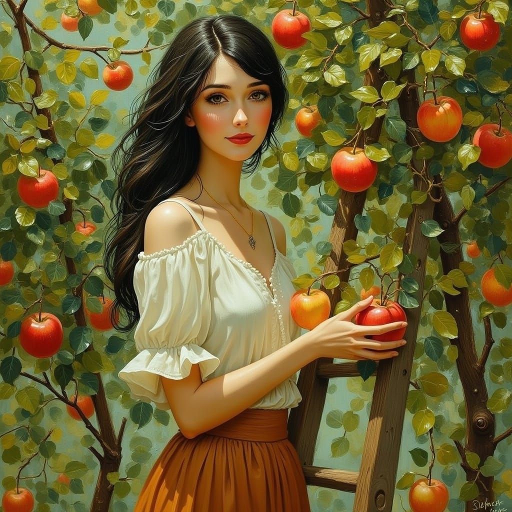 Woman in Orchard, Oil Painting with Thick Brushstrokes