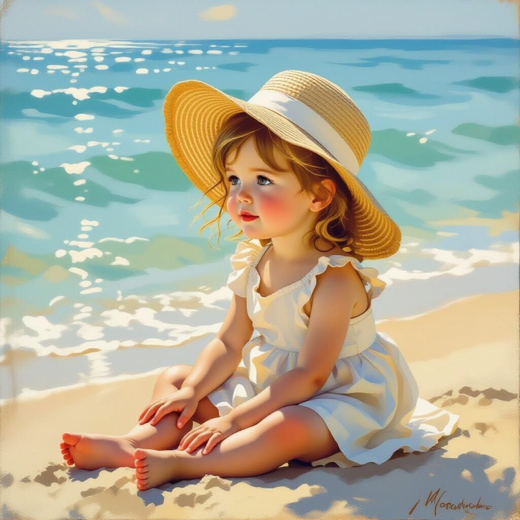 Girl in Straw Hat Gazes at the Sea on a Sunny Beach