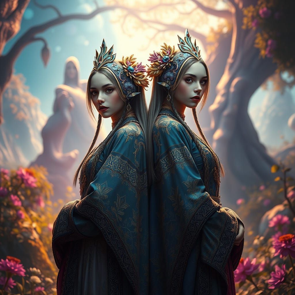 Surreal Twin Goddesses in Mystical Dreamscape