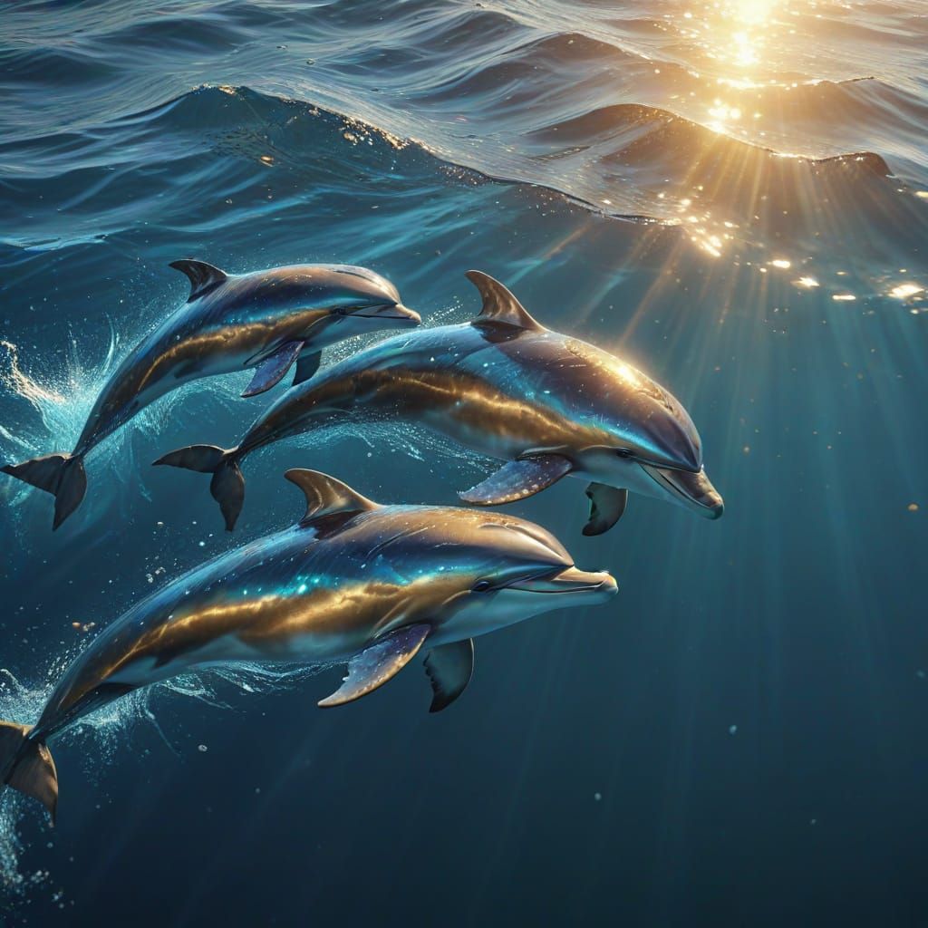Crystalline Dolphins Gliding in Shimmering Ocean, Digital Ar...