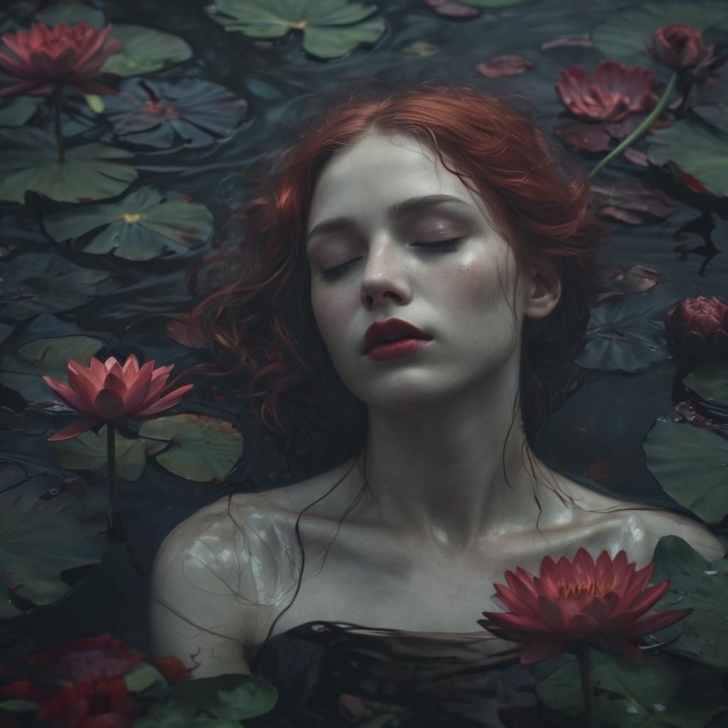 Eerie Dark Fantasy: Girl Sleeping in Lily River