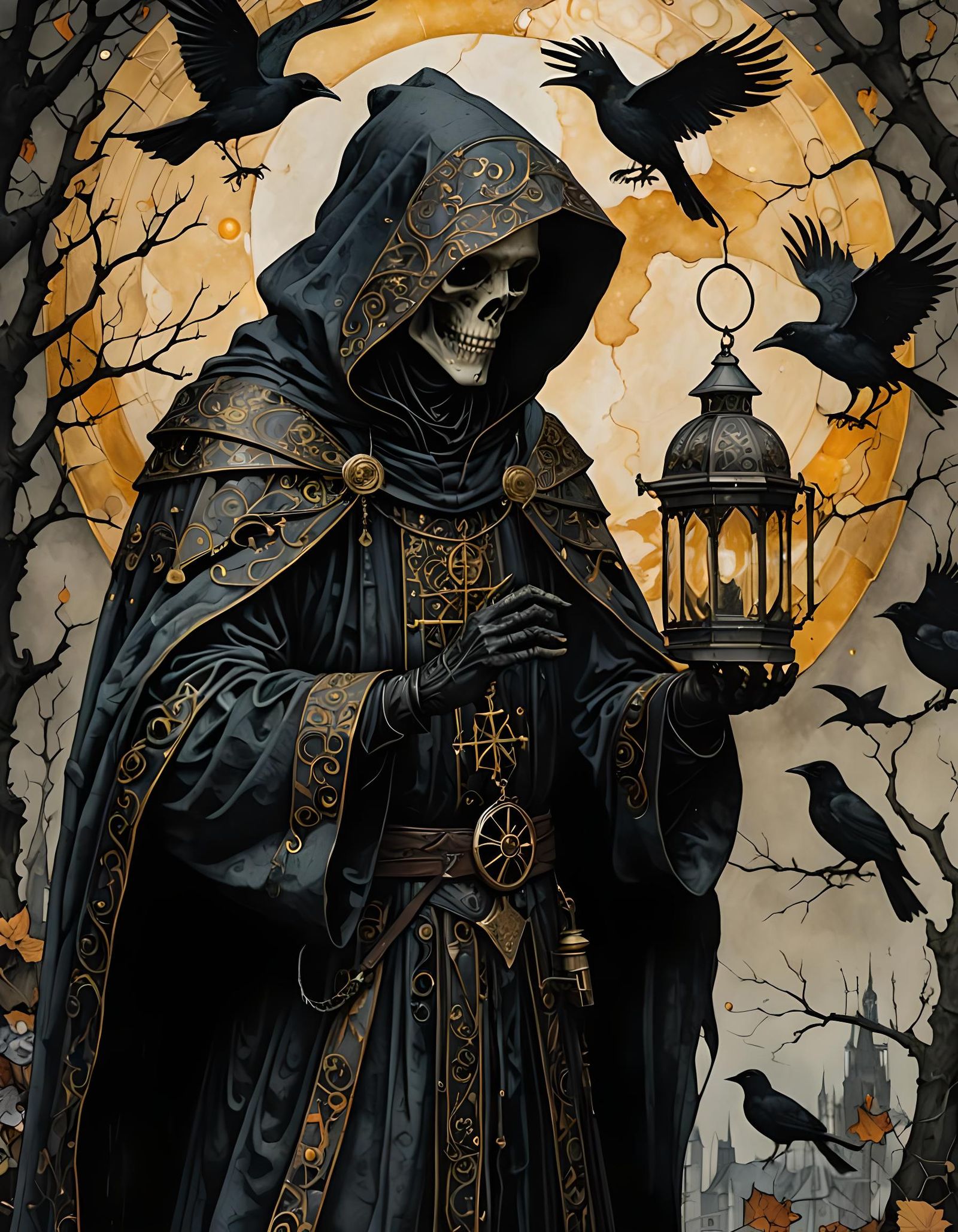 Grim Reaper with Lantern: Cloisonné and Ink Art