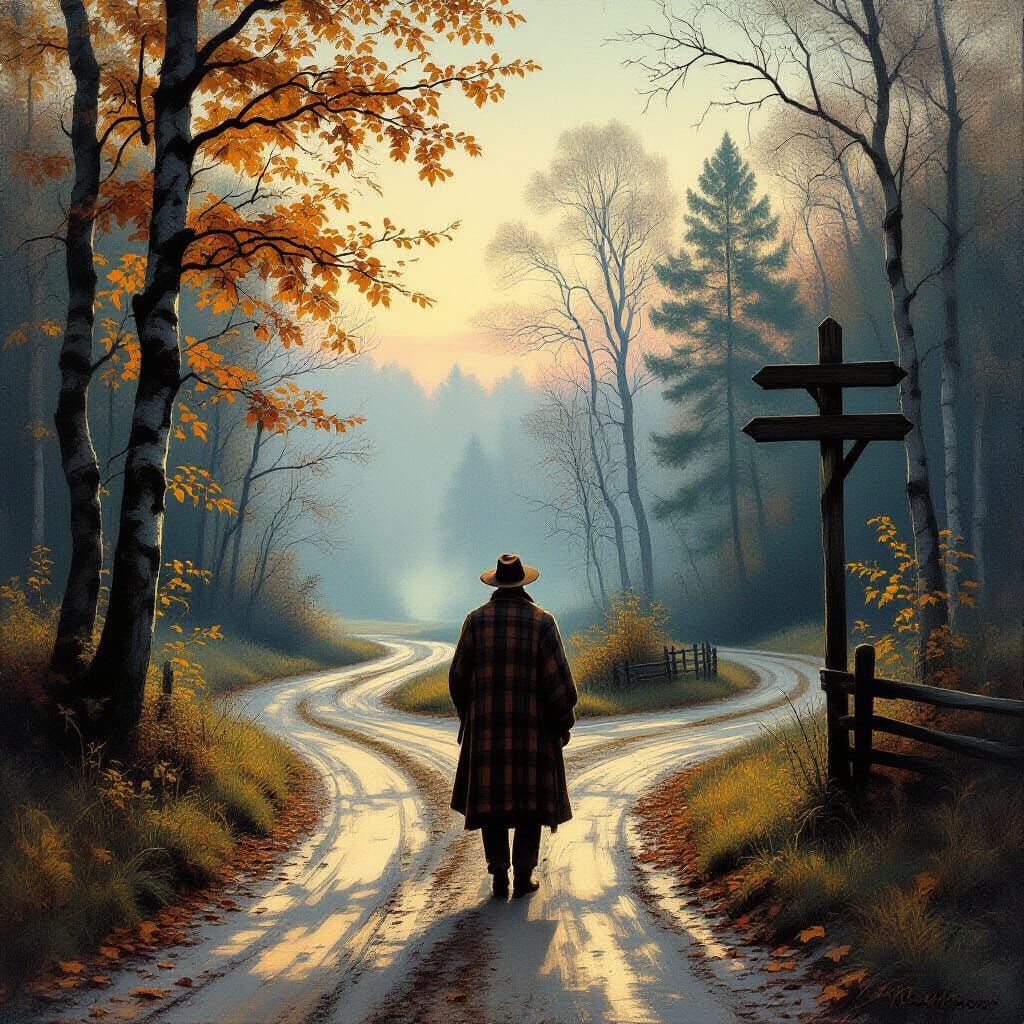 Rustic Crossroads: Forest Scene in Wyeth and Monet Style