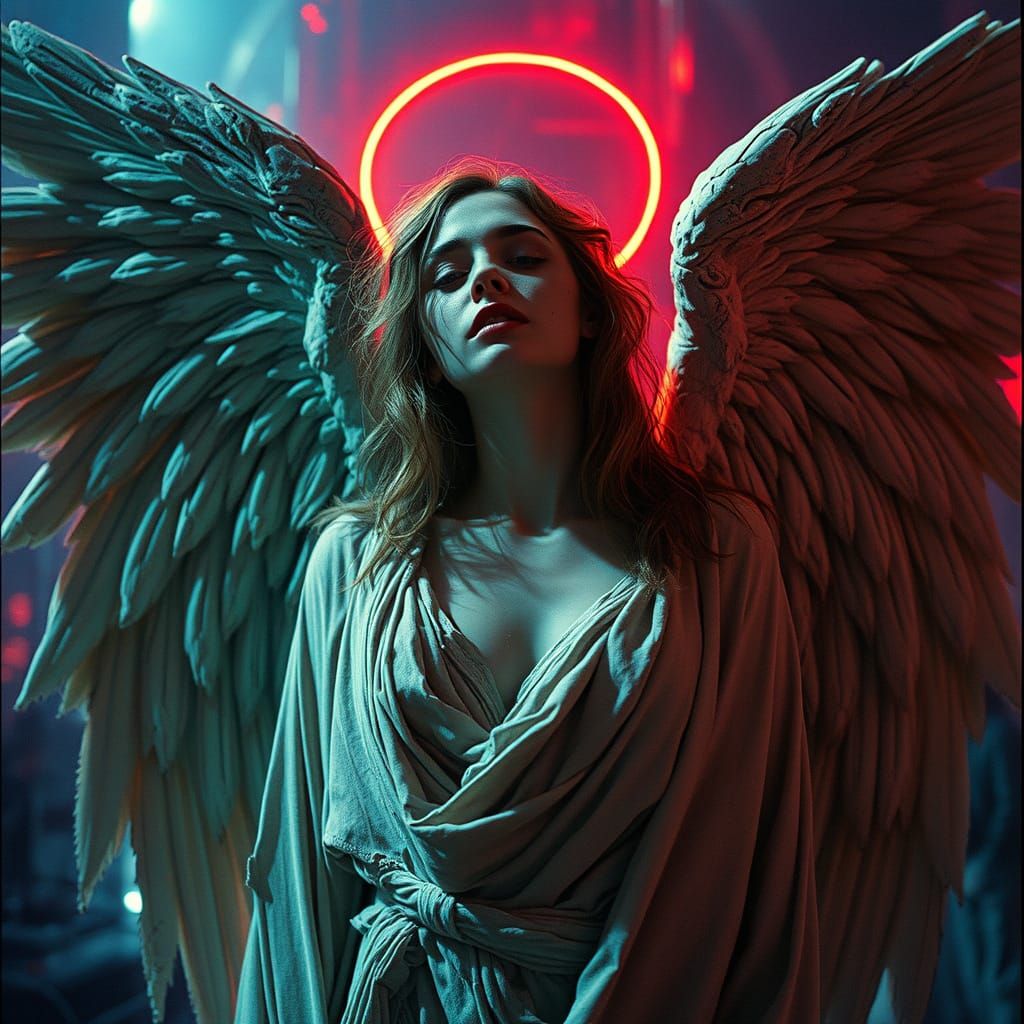 Fallen Angel Amidst Glitching Horrors in Technicolor