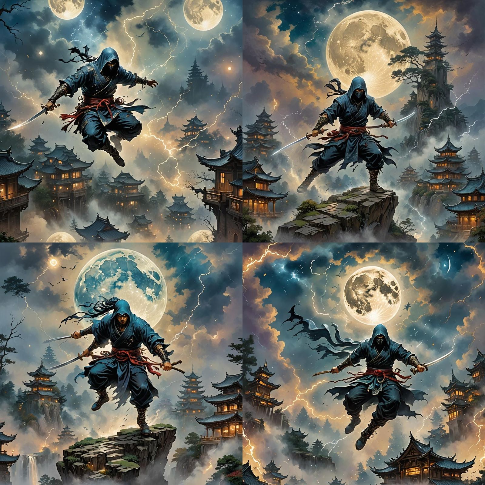 Ninja Assassin in Ink Splatter Moonlit Scene