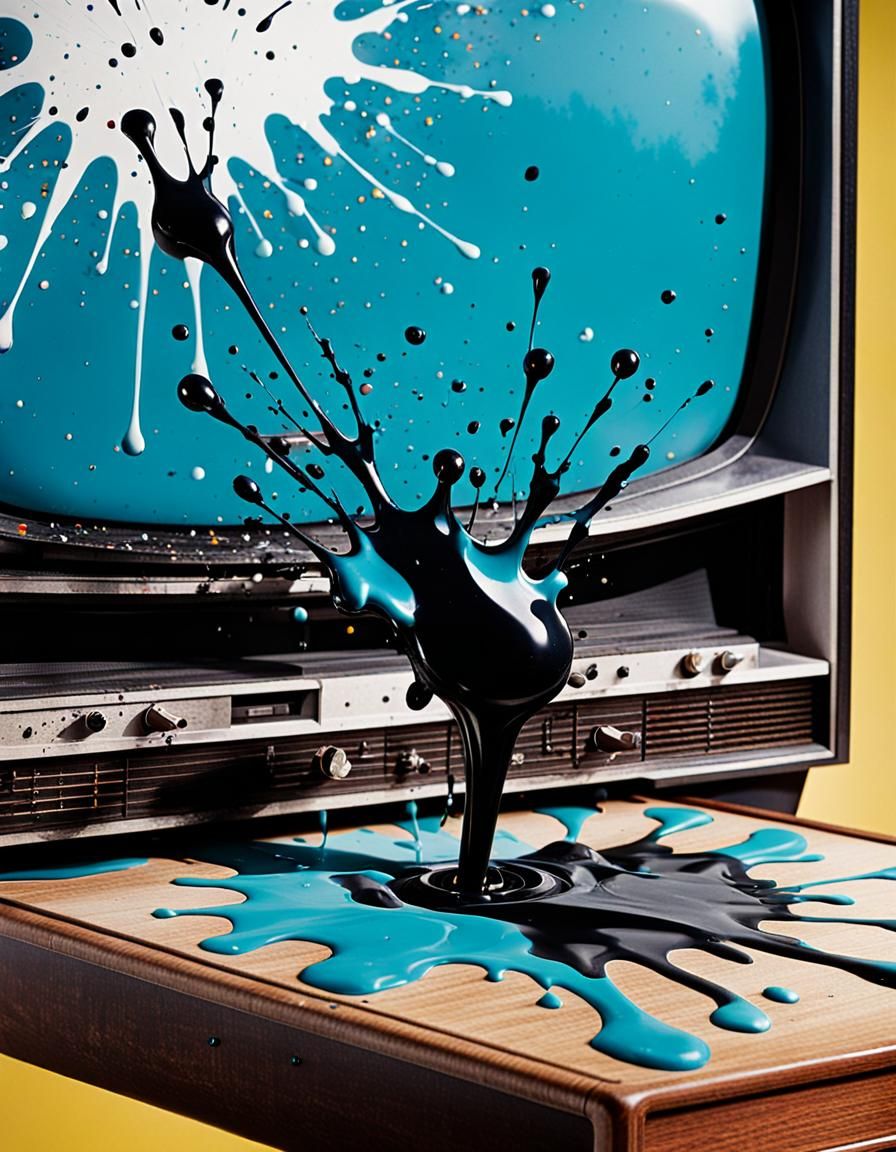 Ink Splatter Suspended Over Retro Television