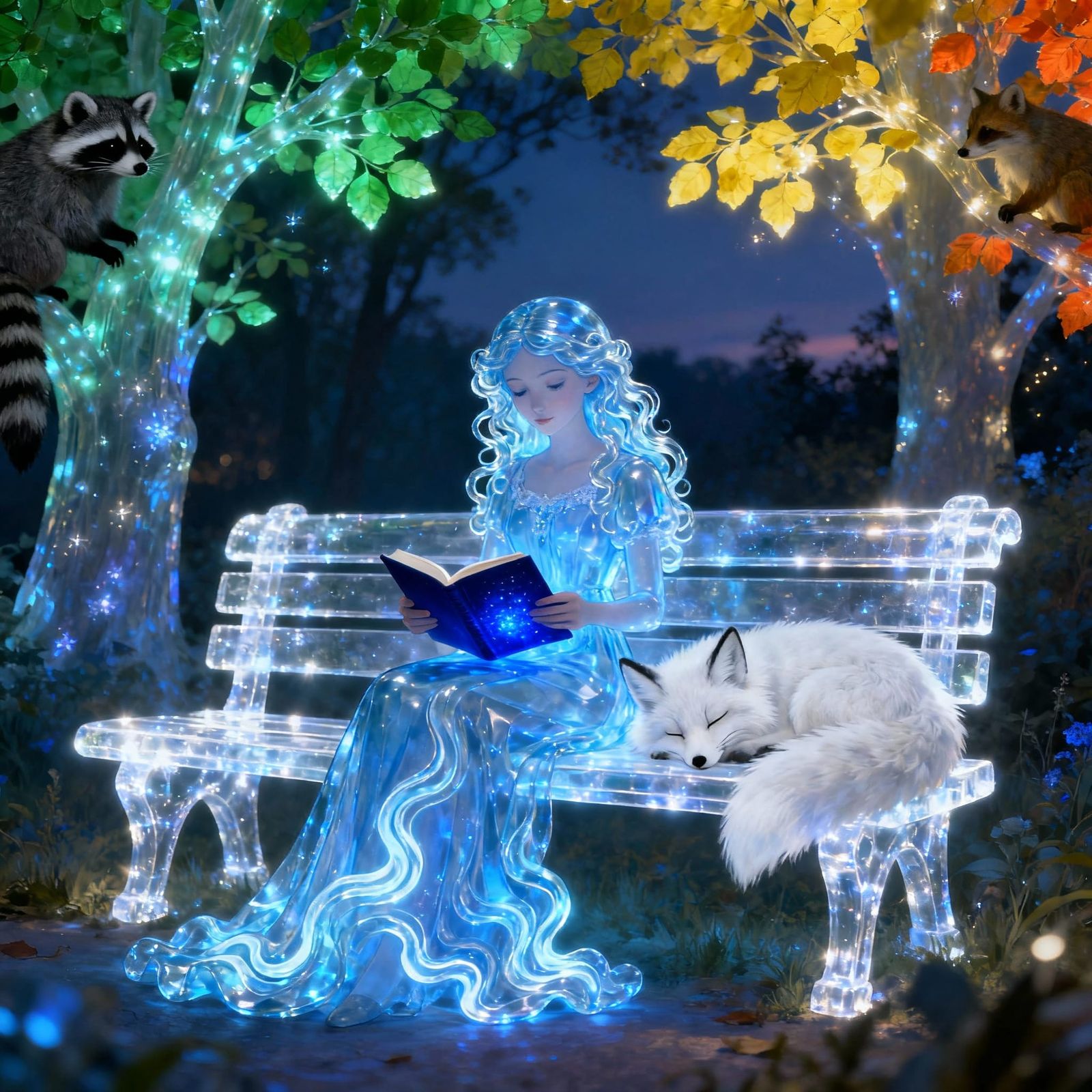 Blue Glass Girl Reads Glowing Book in Fantasy Park