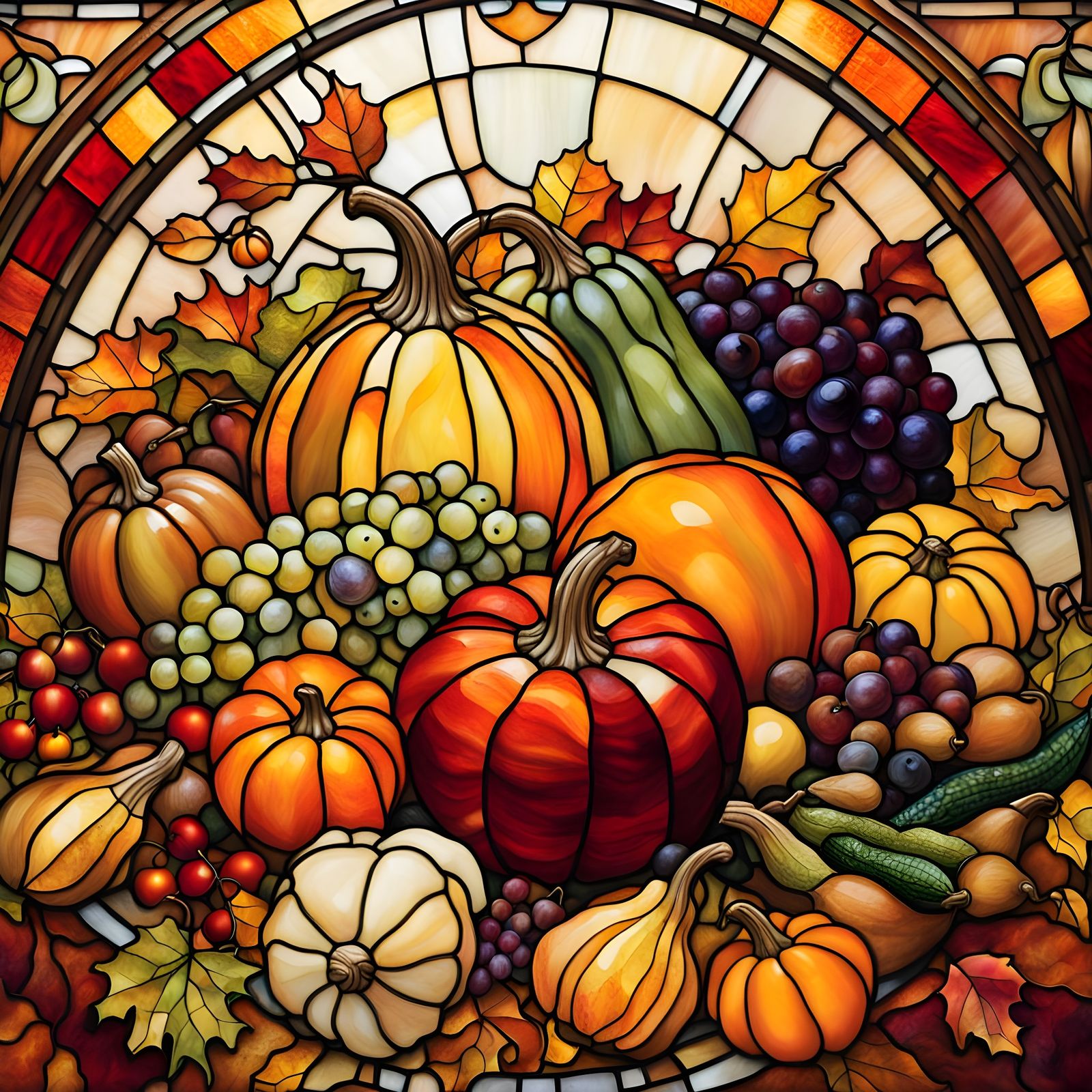 Stained Glass Cornucopia with Autumnal Bounty