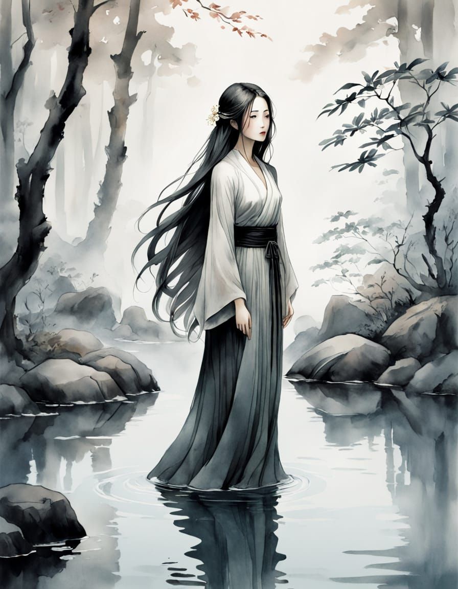Sumi-e. Full body shot. A mysterious woman with long flowing hair stands in a sylvan pool, lost in thought. Full body sh...