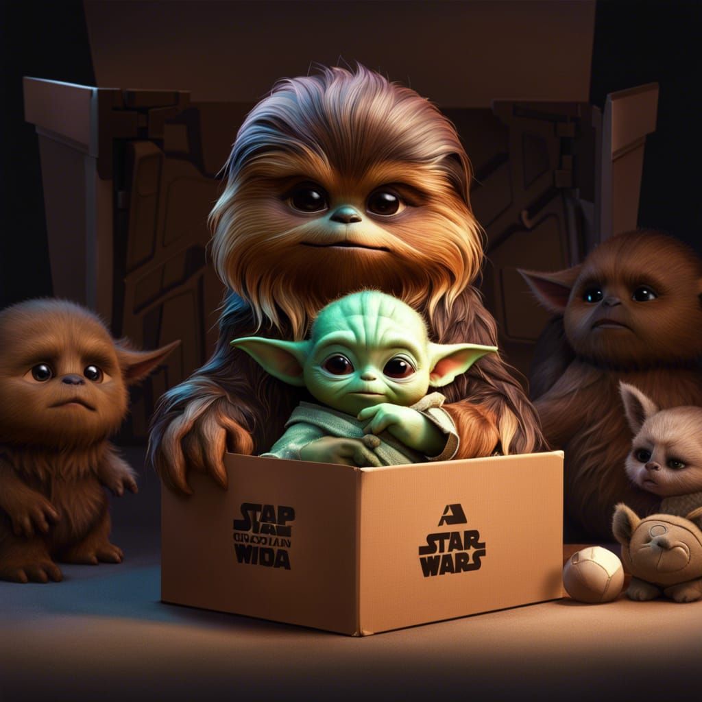 Adorable baby Chewbacca in a cardboard box holding a baby yoda teddy, Artgerm, Pixar, Norman Rockwell, Up, Coco, Luca, W...