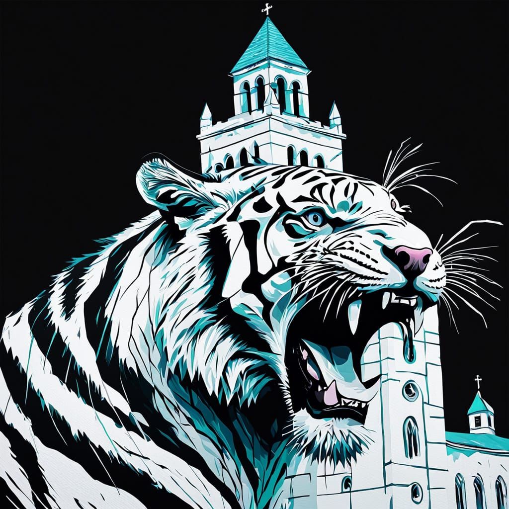 Vaporwave Tiger Roaring at Church Tower
