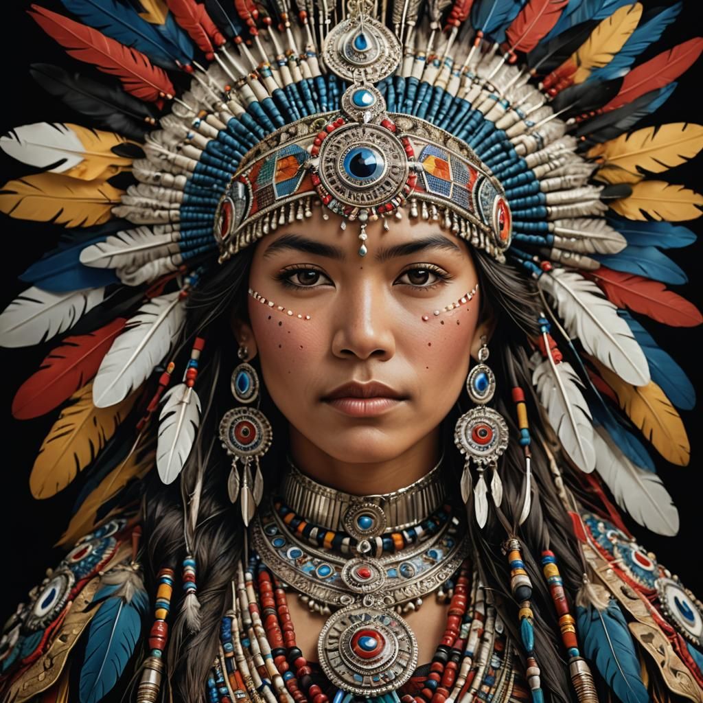 Regal Woman in Ornate Indigenous Headdress