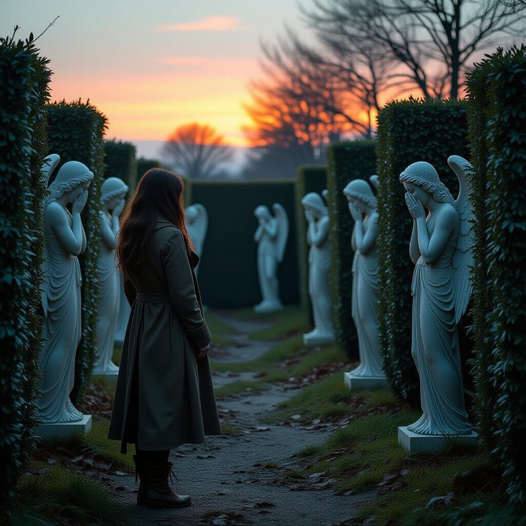 Mystical Woman in Hedge Maze with Angels