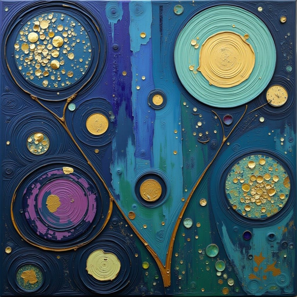 Abstract Jewel Tone Landscape Painting with Gold Accents