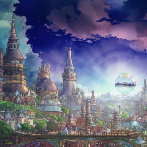 Floating Fantasy City in Bubble, Watercolor Style