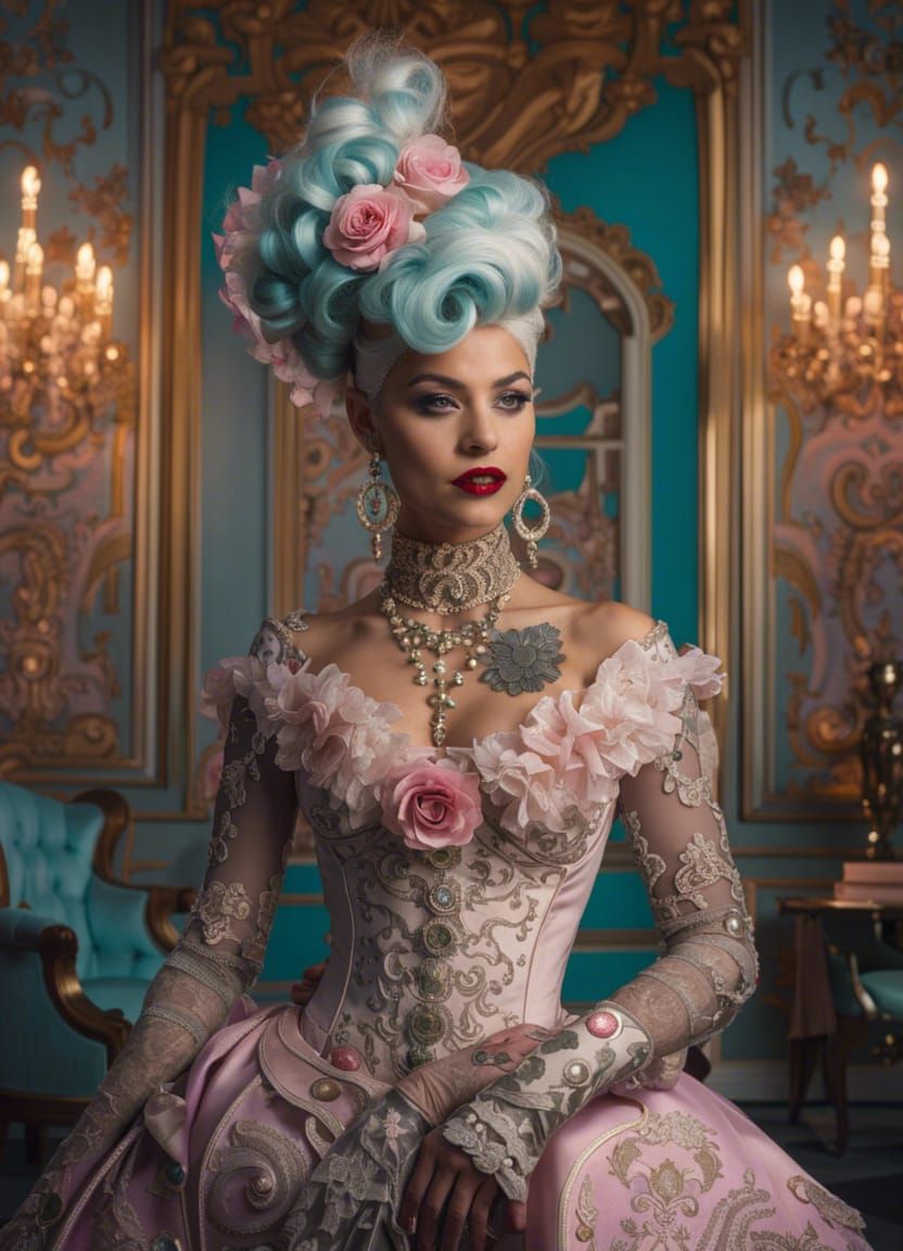 Rococopunk Woman in Baroque Parlor, Rococo Art Style