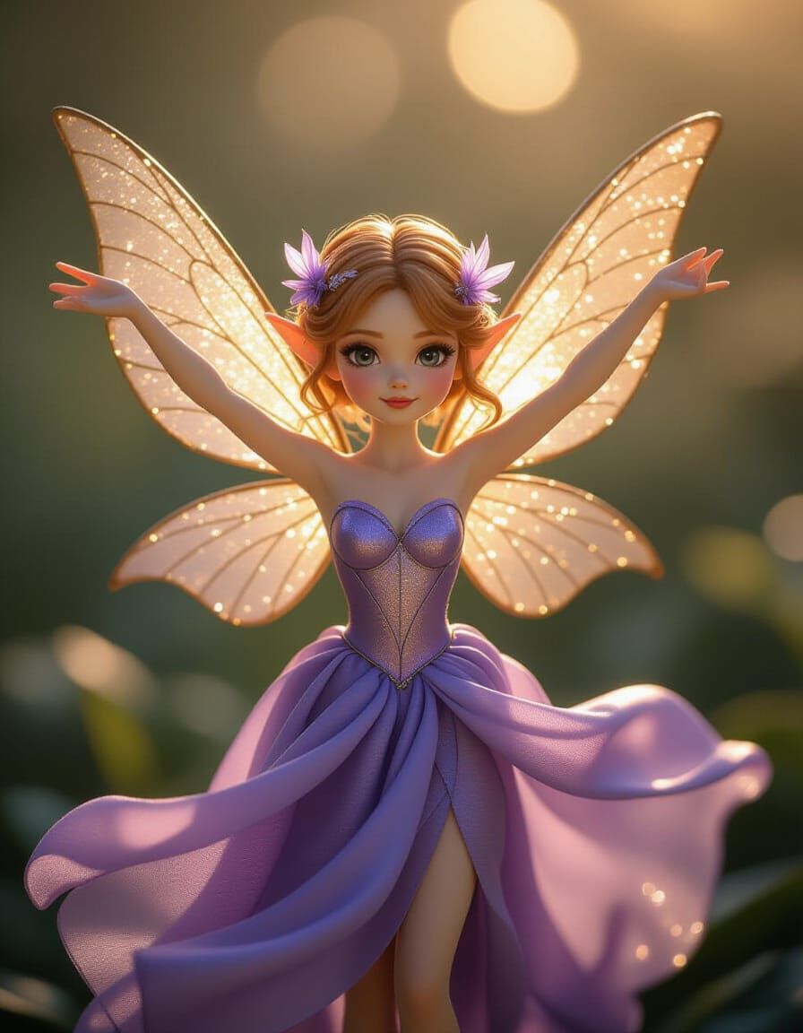 Mini Fairy in Purple Silk, Golden Wings, Victory Pose