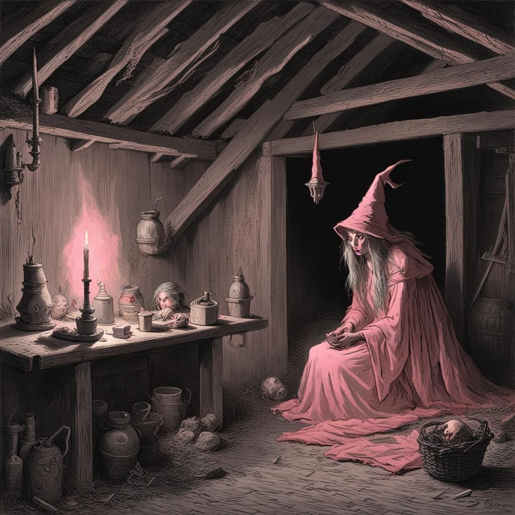 Pink Witch in Candlelit Hut: Horror Illustration
