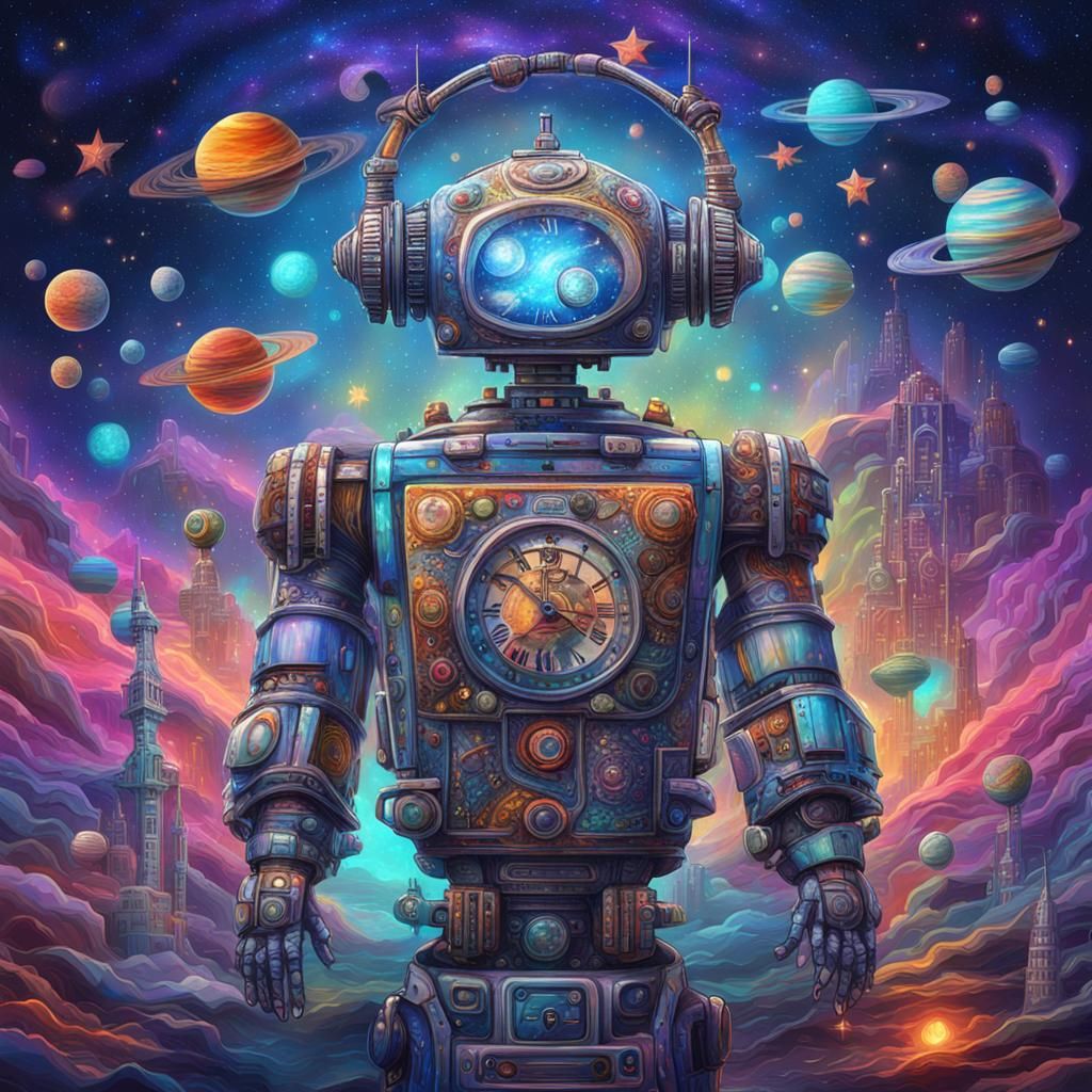 Cosmic Robot Teacher with Child, Holographic Illustration