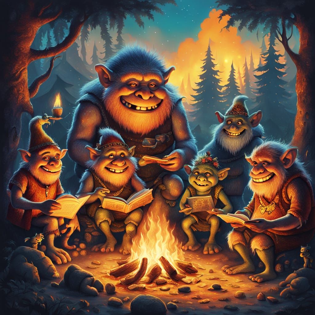 Troll Family Story Time: Fantasy Illustration