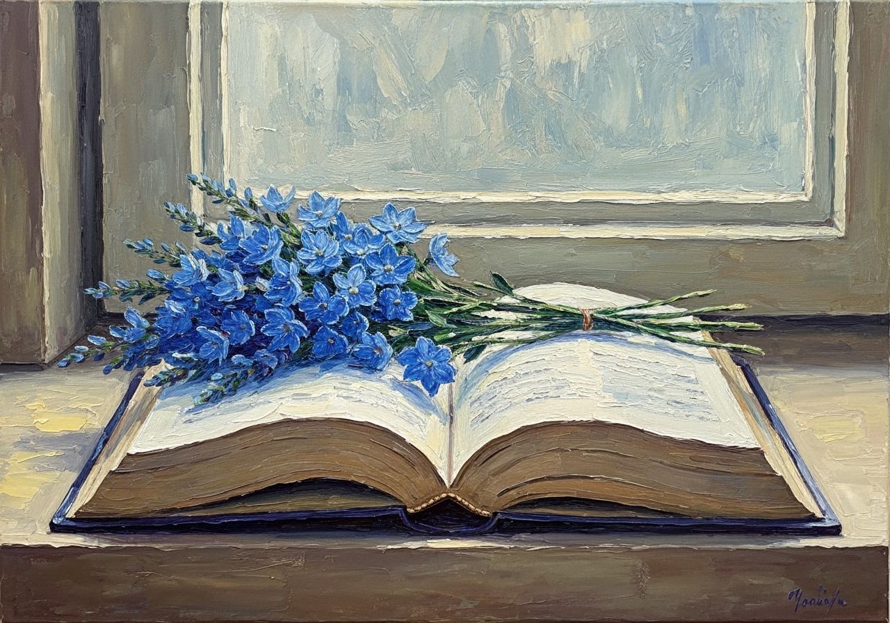 Impressionistic Oil Painting: Book with Blue Flowers