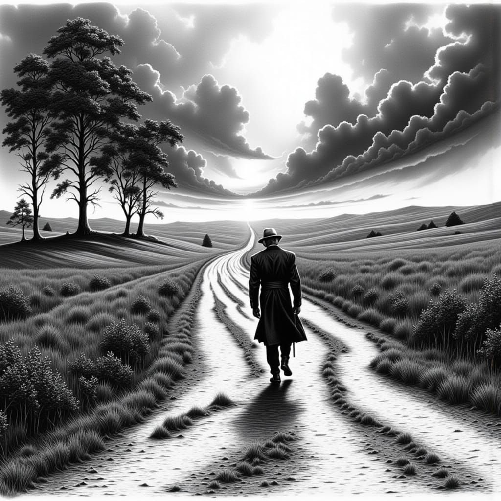 Old Man Walks Down Country Road in Black and White