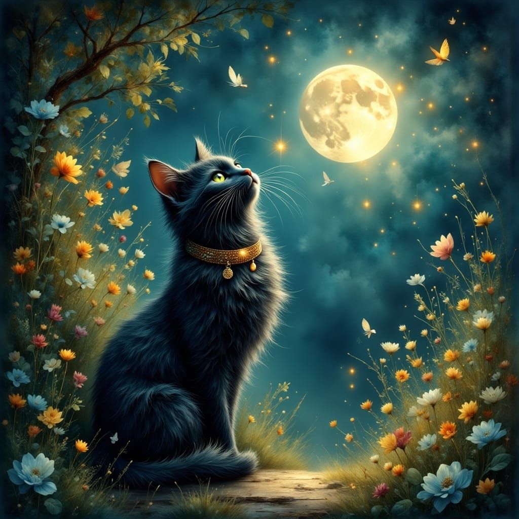 Black Cat Reaching for Fireflies in Moonlit Garden