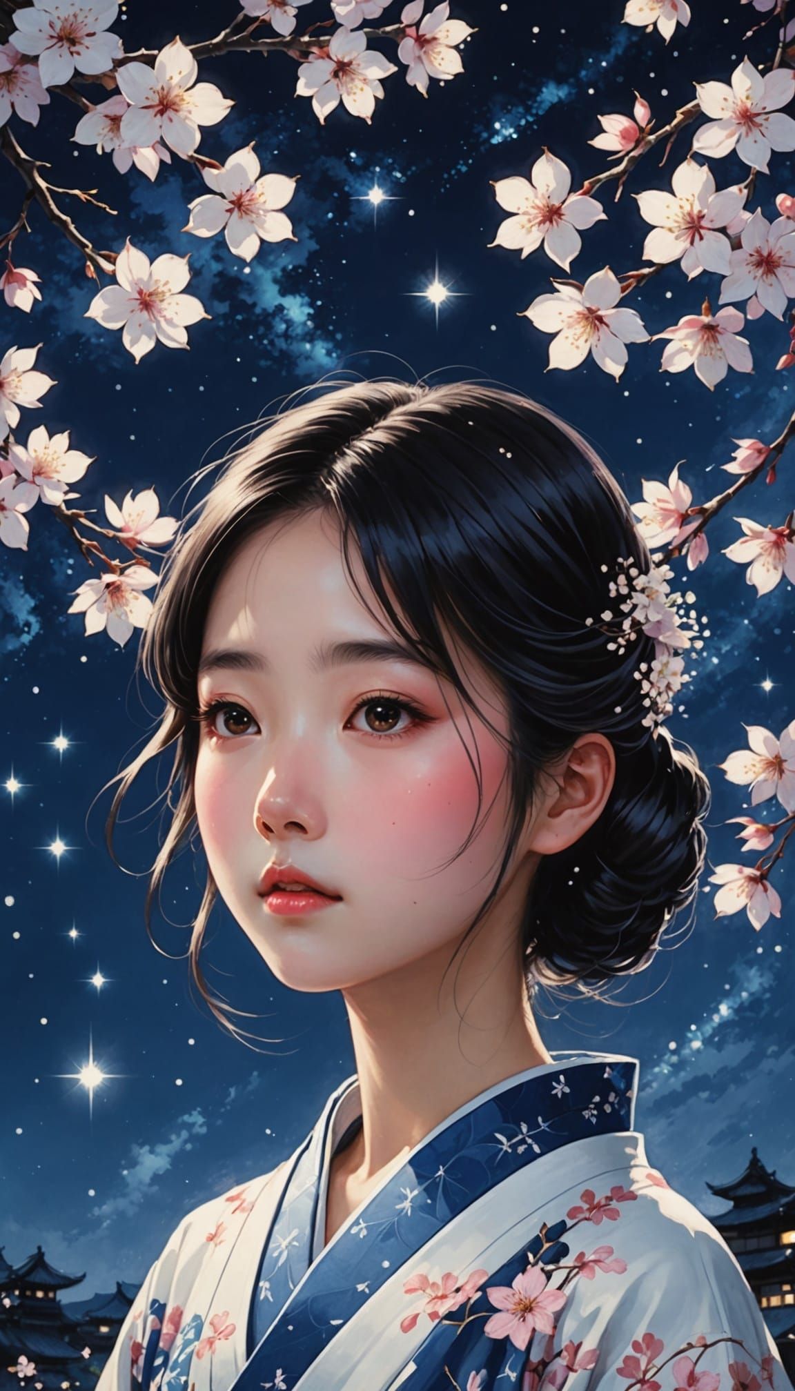 Serene Anime-Inspired Girl Under the Starry Night Sky