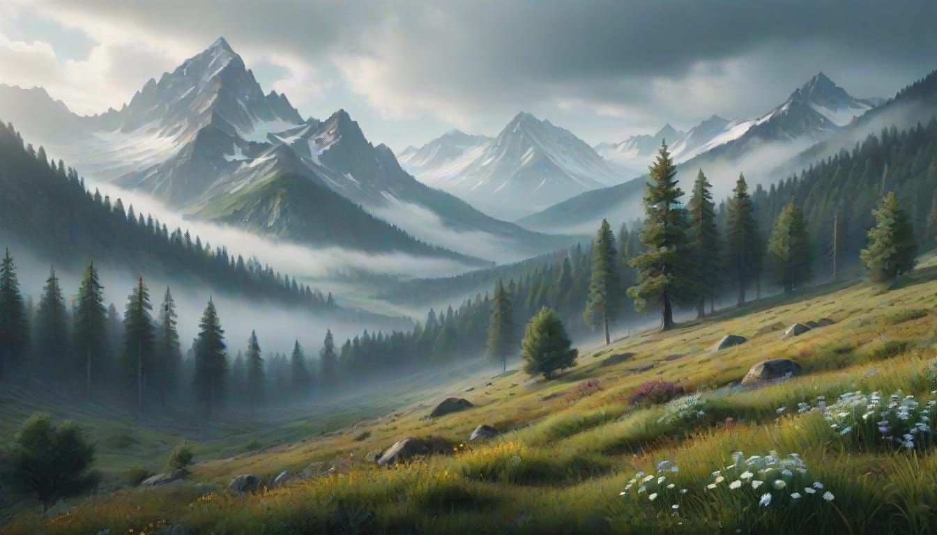 Serene Mountain Meadow in Majestic Pine Forest Landscape