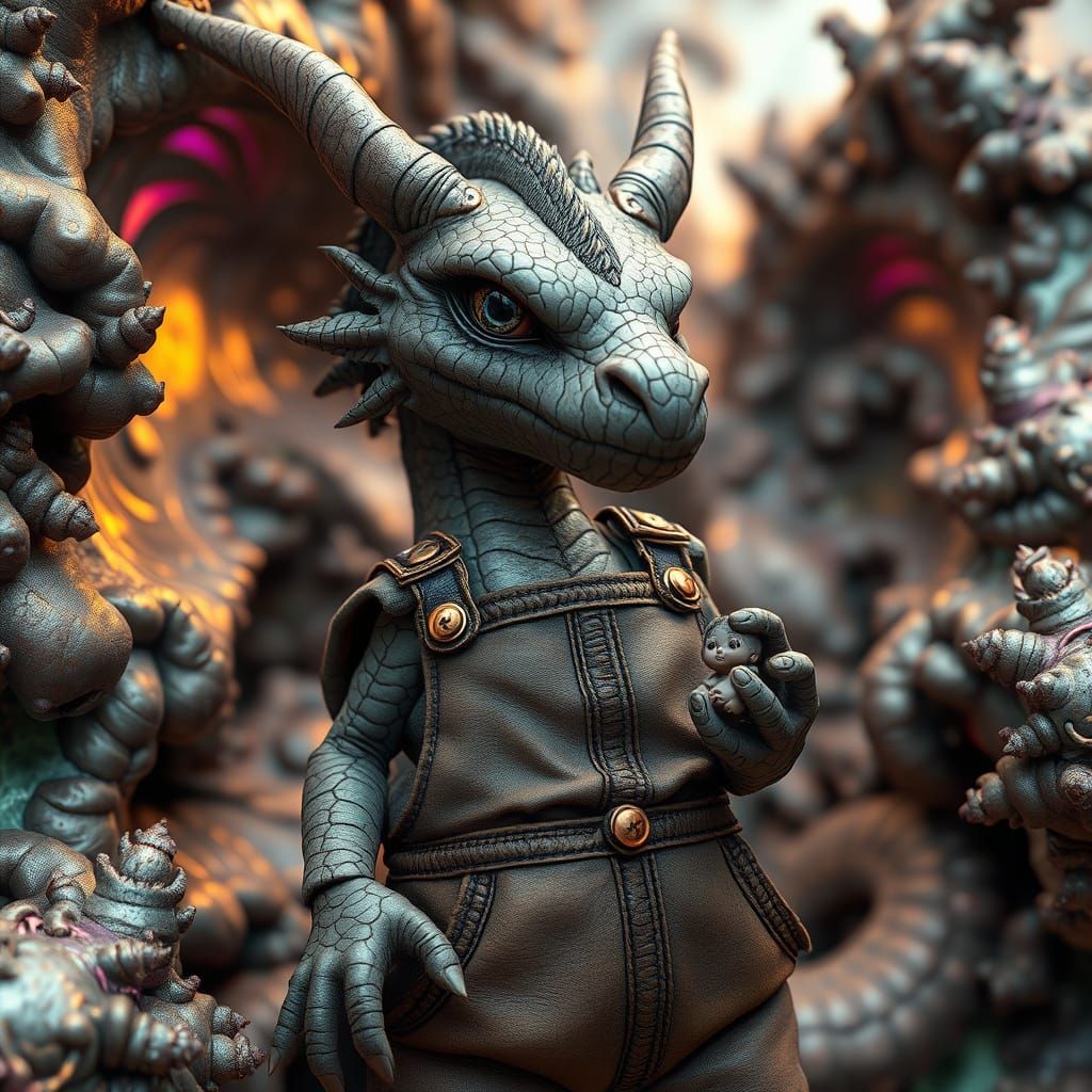 Dragon Guardian with Tiny Passenger in Whimsical Bismuth Lan...