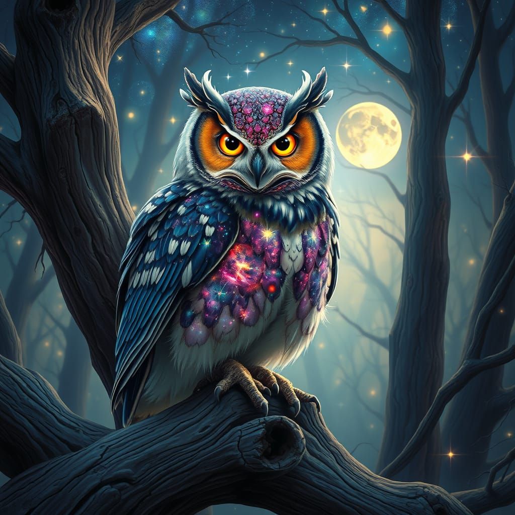 Cosmic Owl in Art Nouveau Starlit Forest