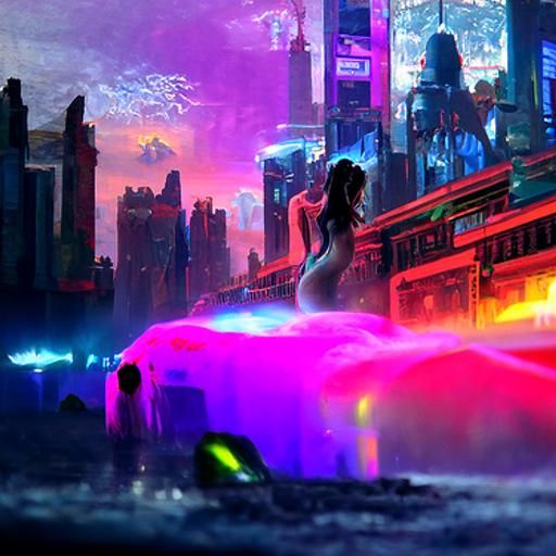 Cyberpunk Mermaid in Neon Cityscape