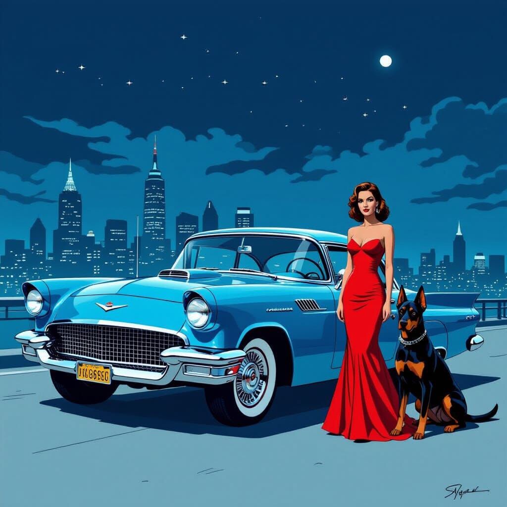 Steel Blue Classic Car with Woman in Red Dress