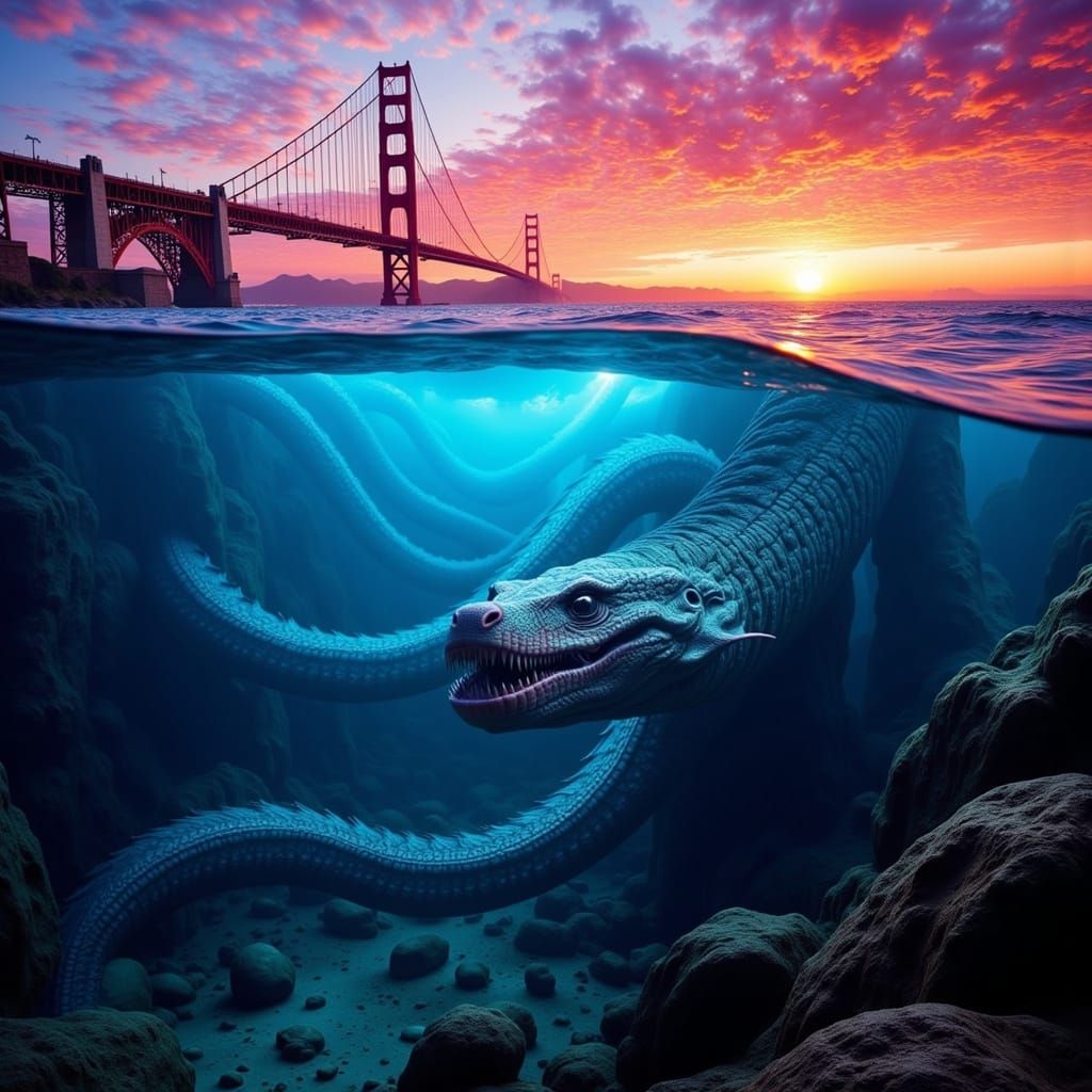 Bay Bridge Sunrise with Sea Serpent, Photorealistic 3D Style