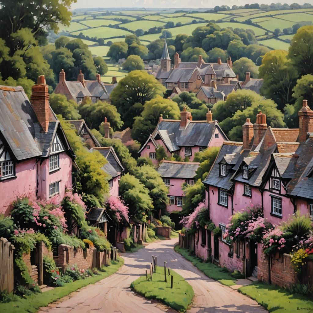 Black and Pink English Village in Oil Painting