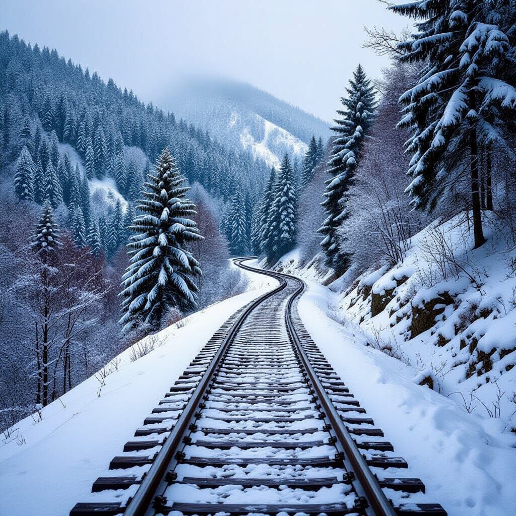 Snowy Railroad Tracks Through Winter Forest on Film