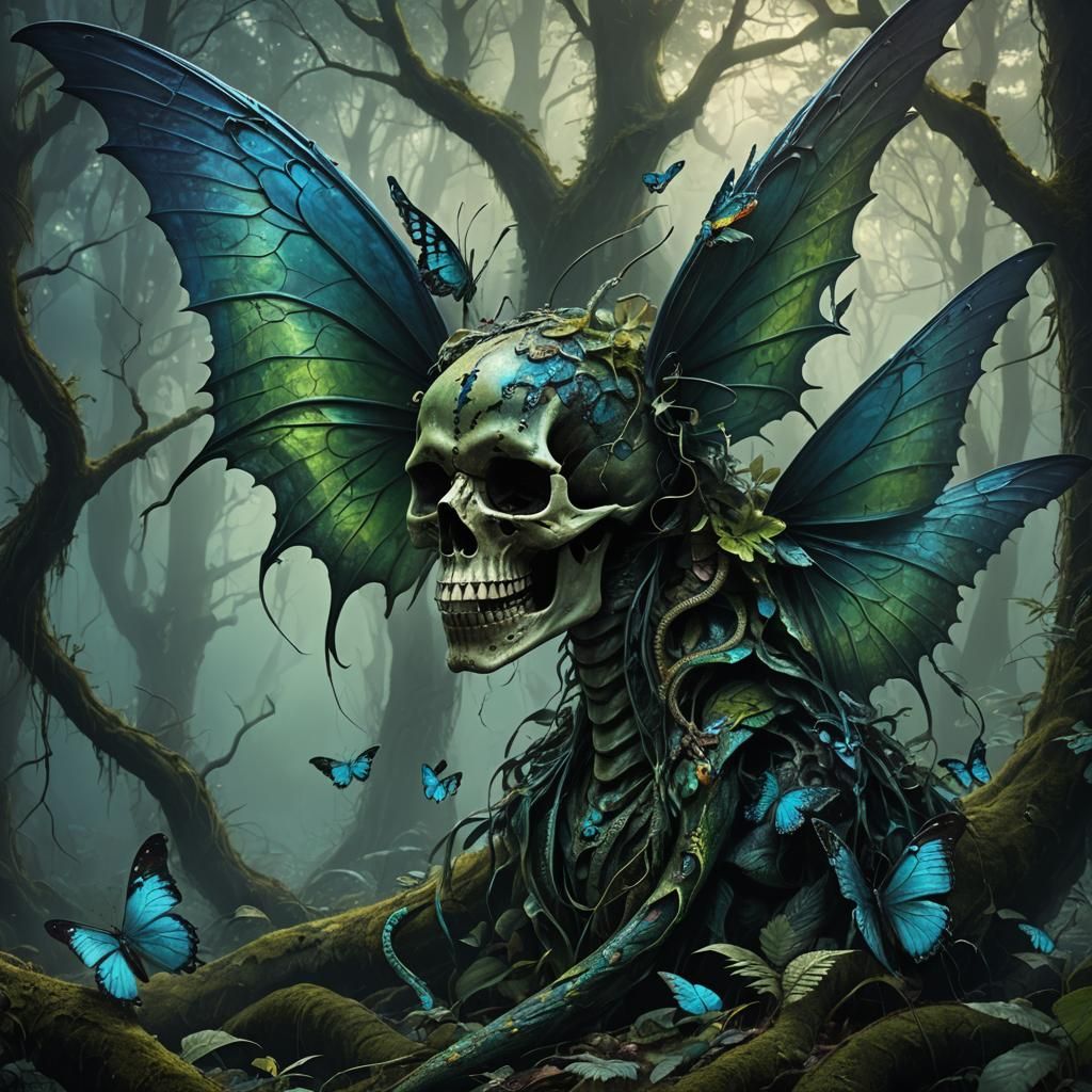 Skull Dragon with Butterfly Wings in Mystical Forest