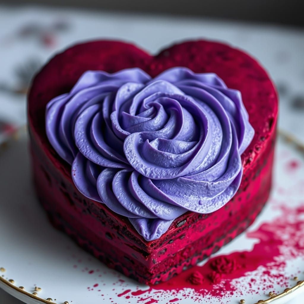 A maroon layered heart shape cake with violet periwinkle cre...