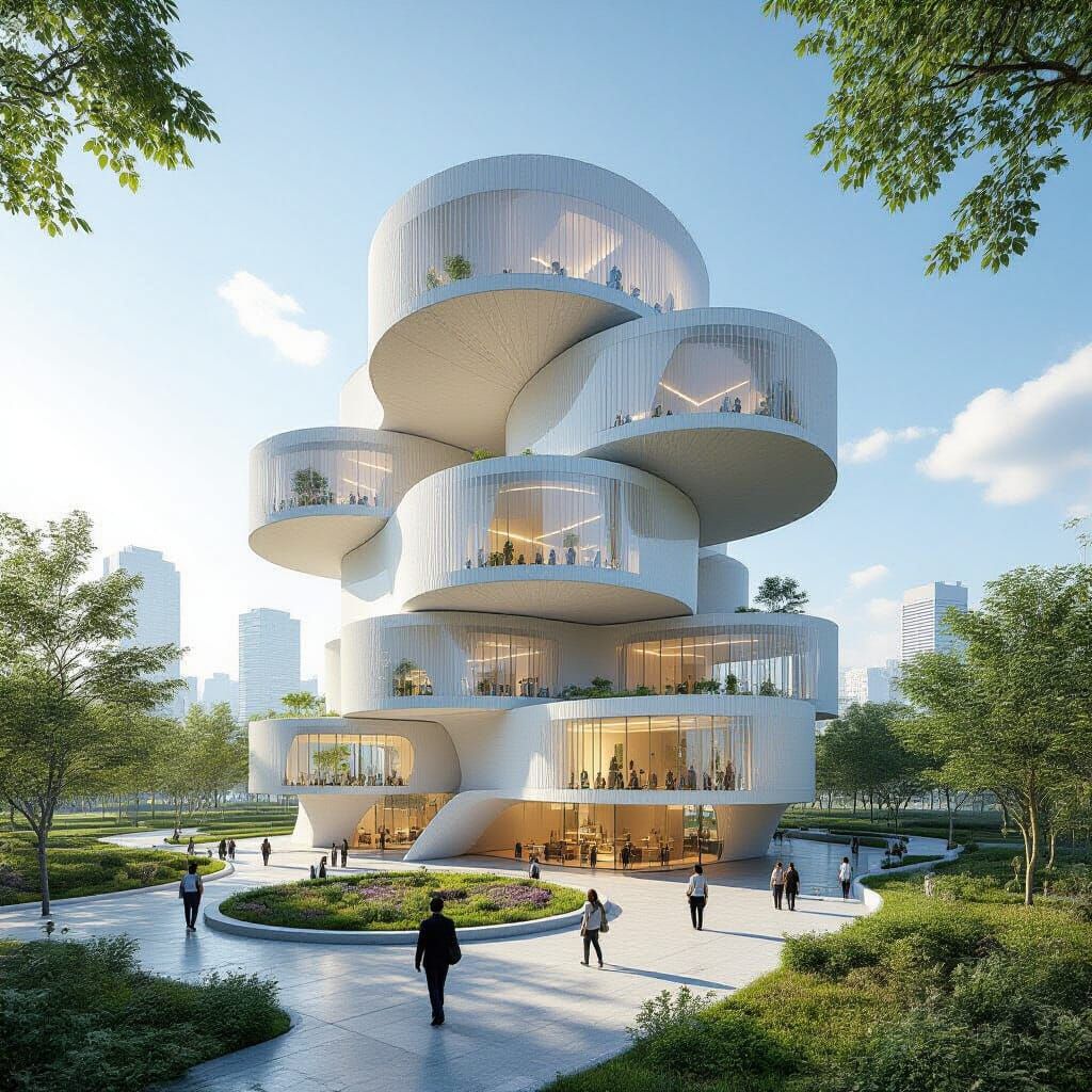 Futuristic Organic Office Complex in Sunny Urban Setting