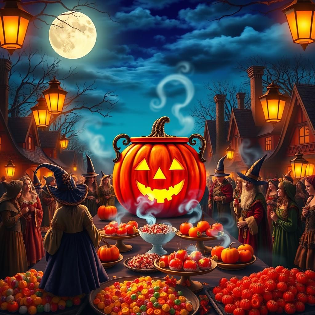 Halloween Party with Medieval Costumes and Pumpkin Cauldron