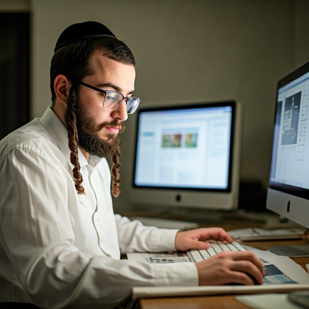 Orthodox Man Designs Newspaper on Computers