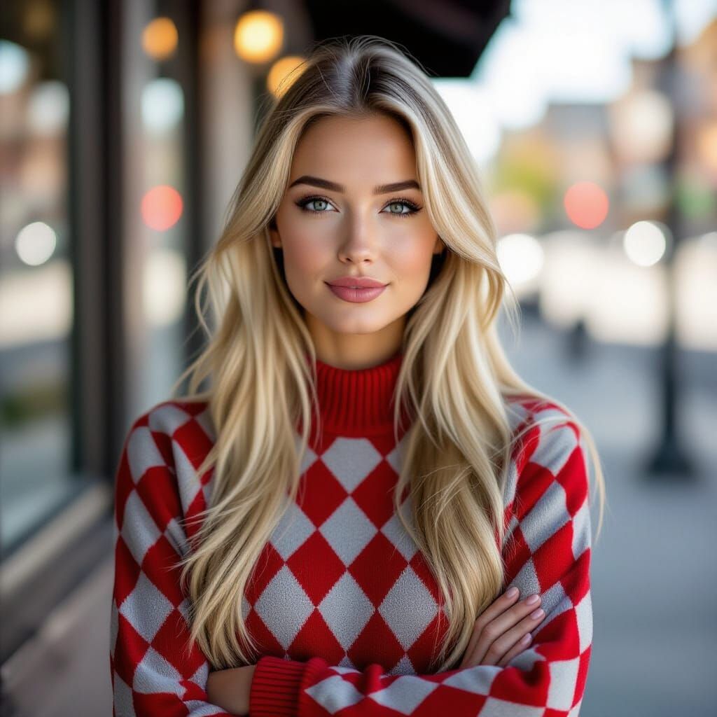 Blond Woman in Argyle Sweaterdress Portrait