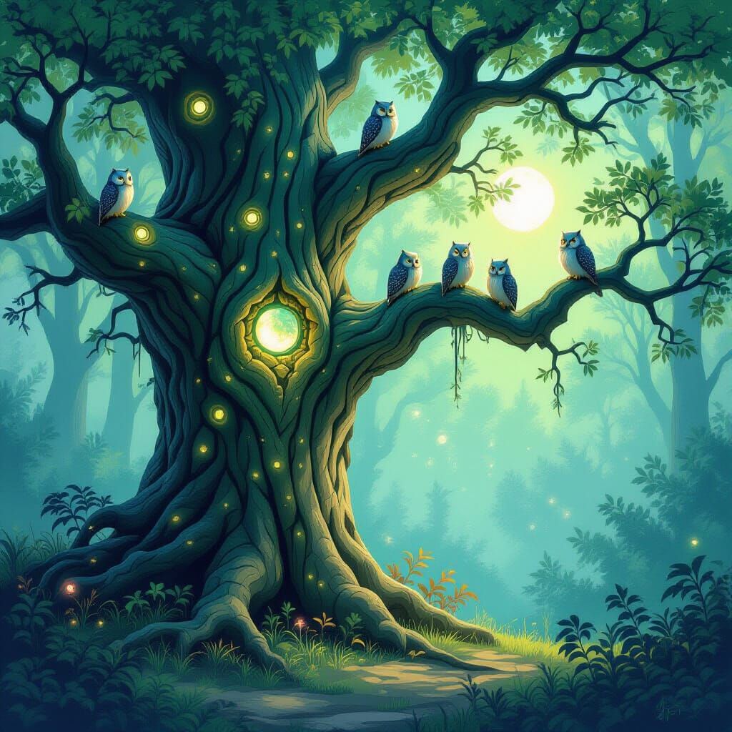 Enchanted Forest Tree with Glowing Owls in Fairytale Style