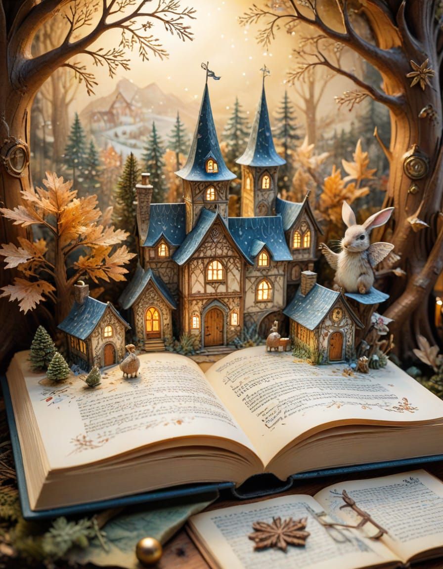 Enchanted Book Village in Watercolor Style