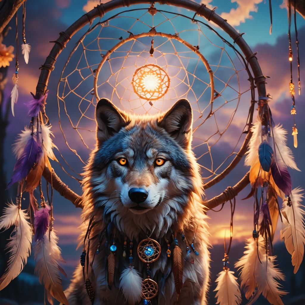 Glowing-Eyed Wolf Dreamcatcher in Cinematic Style