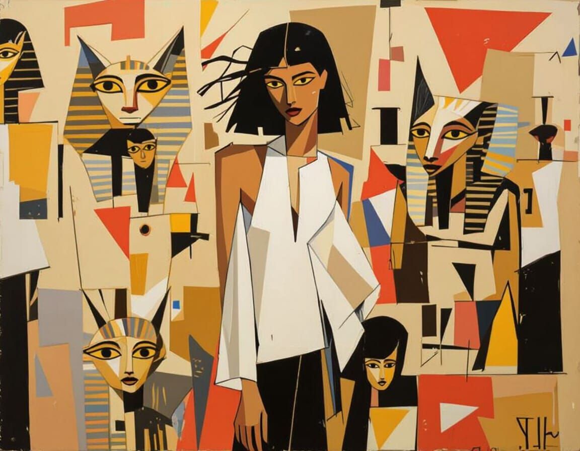 Surreal Egyptian Scene with Woman in Acrylic Style