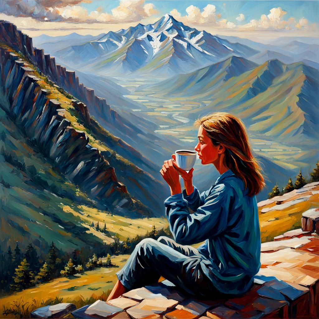 Woman Drinking Coffee: Mountain View Oil Painting