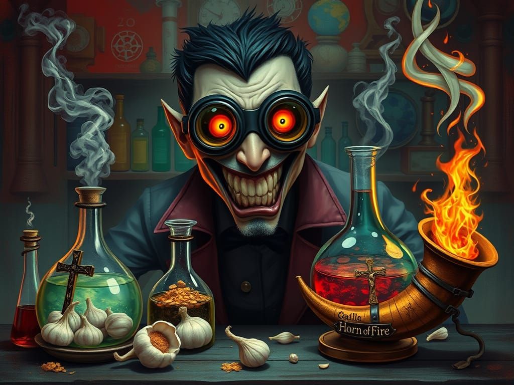 Surreal Vampire Alchemist in a Crimson and Emerald Laborator...