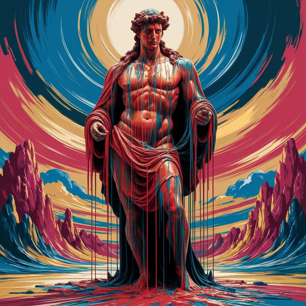 Majestic Statue Submerged in Thick, Vibrant Paint