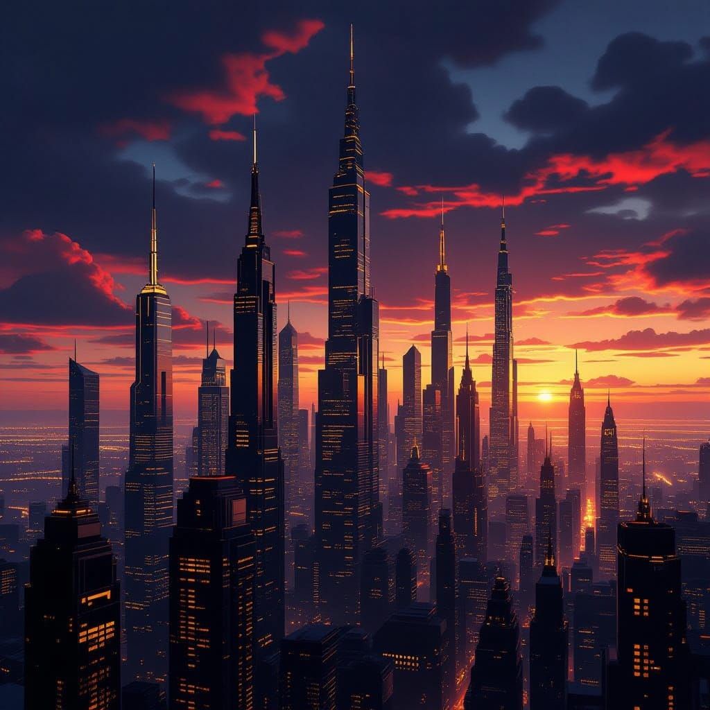 Futuristic Cityscape in Black, Red, and Gold